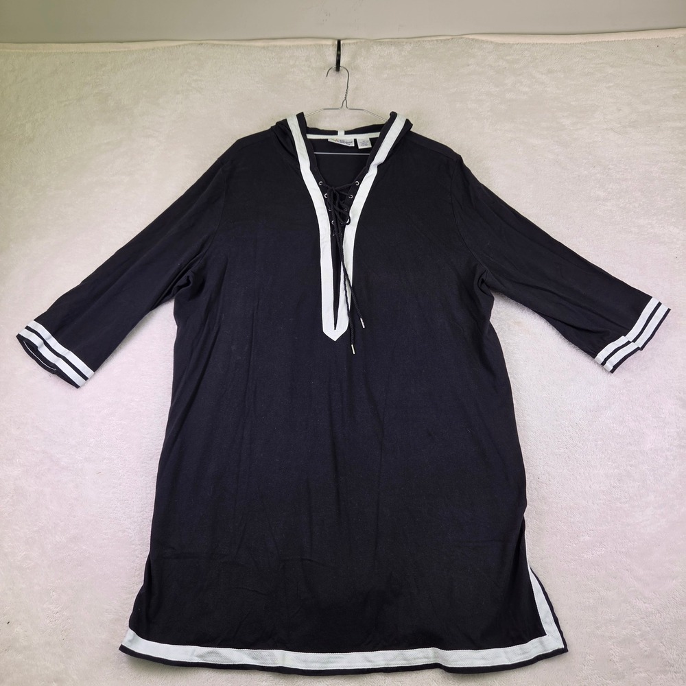 Paradise Bay Plus Womens 1X Black Cotton Hooded Lace Up Tunic Top 3/4 Sleeve